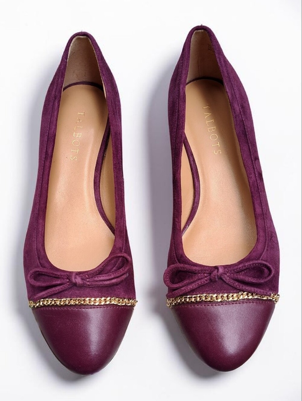 Talbots Purple Suede Leather Cap Toe Gold Chain Across Toe Ballet Flats Sz 8M